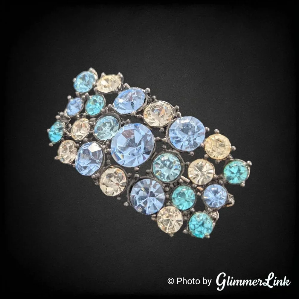Vintage Blue Aqua Rhinestone Brooch Black Tone Pin